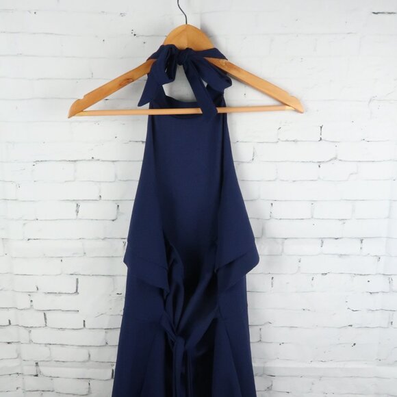 BEBE NAVY BLUE HIGH NECK HALTER RUFFLE OPEN BACK WIDE LEG JUMPSUIT SIZE 10 - Picture 7 of 9
